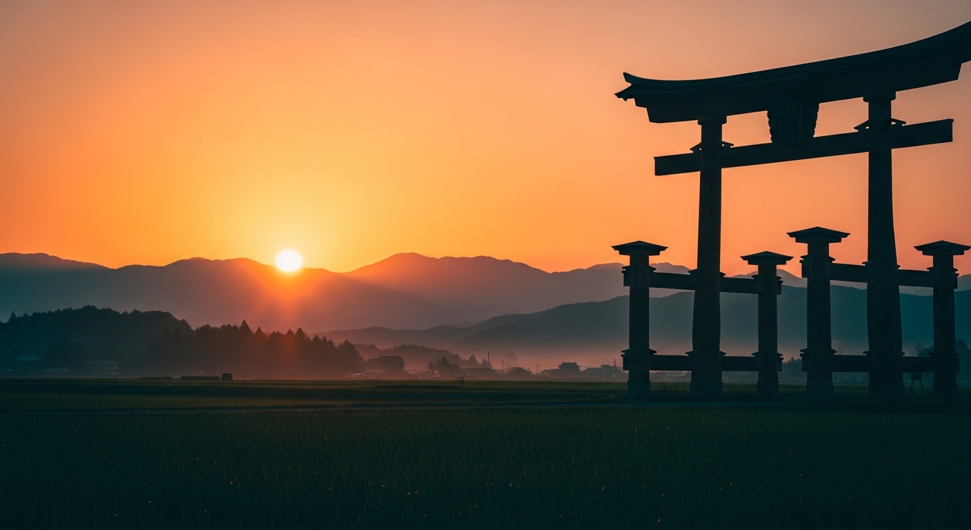 Japanese countryside at sunset with traditional torii gate silhouette