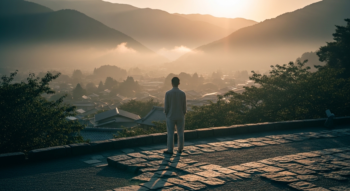 Sophisticated traveler overlooking Japanese mountain village at golden hour
