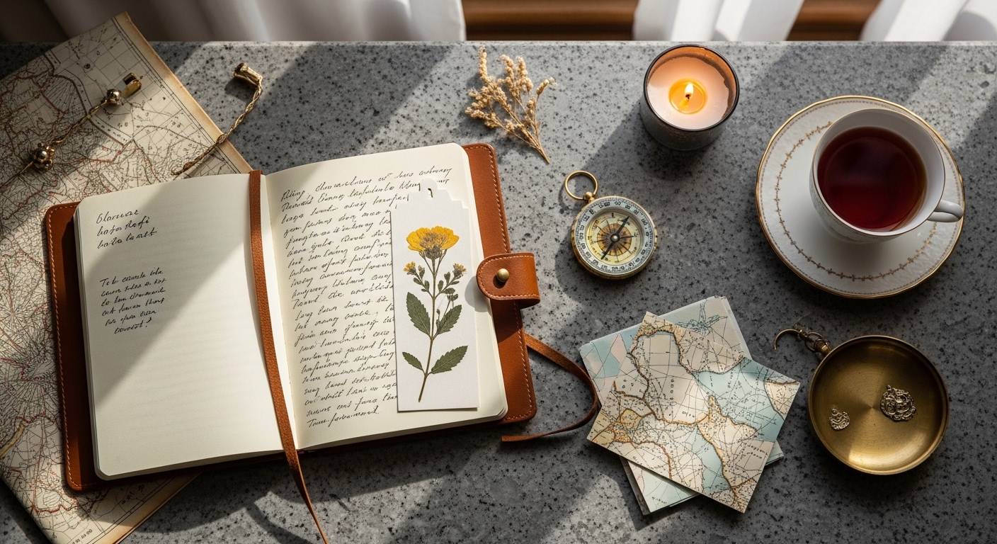 Bespoke travel planning materials flat lay with journal, compass, and map fragments