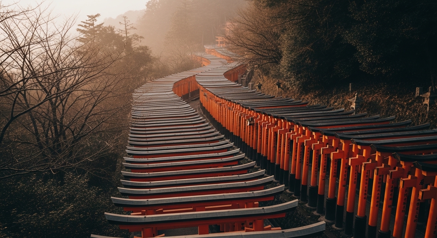 Fushimi Inari shrine vermillion torii gates at dawn in Kyoto Japan