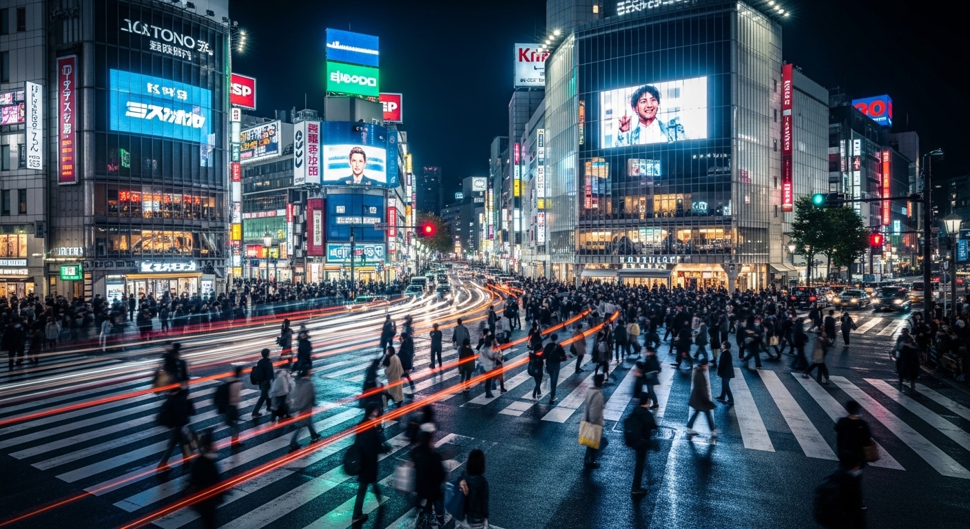 Tokyo Shibuya crossing at night with neon lights and crowds