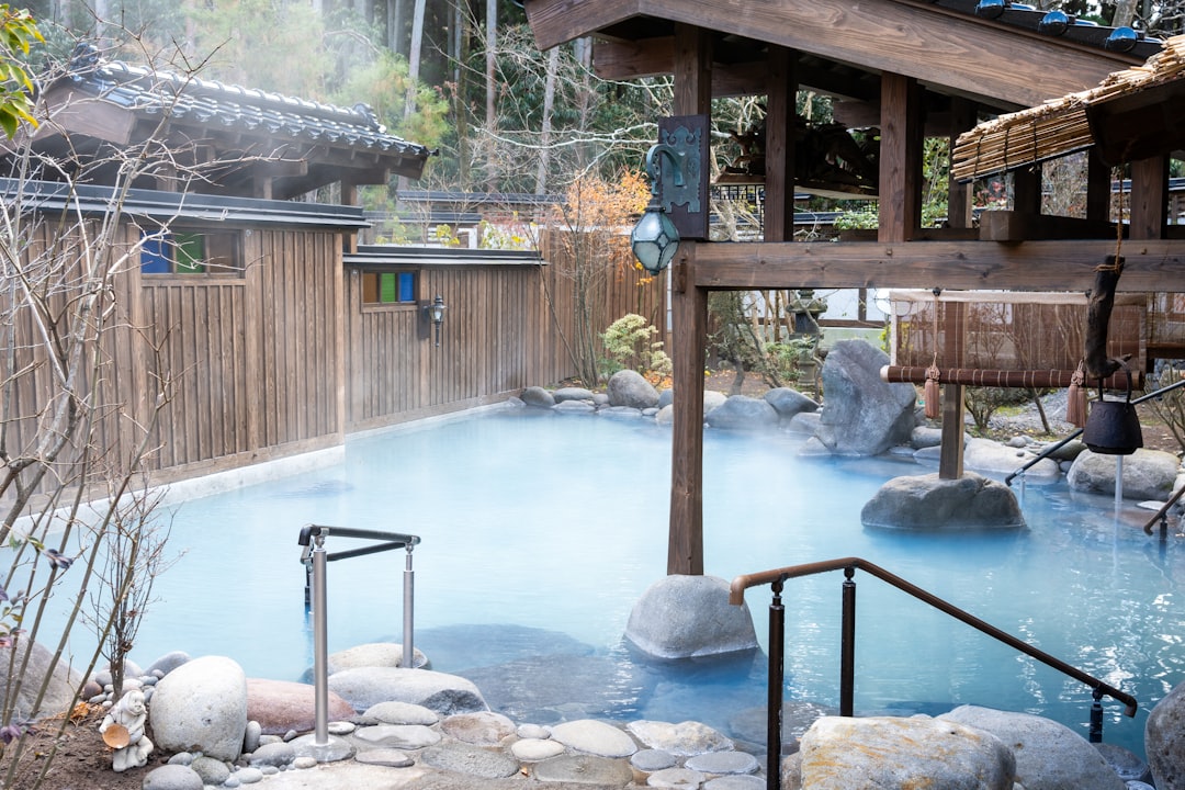 Traditional Japanese outdoor onsen hot spring bath