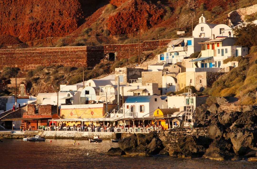 Iconic white architecture and blue domes of Santorini Greece